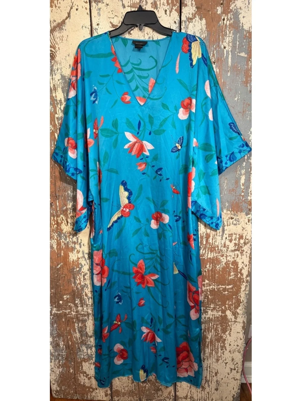 Natori blue Floral Butterfly Caftan Maxi size XL
